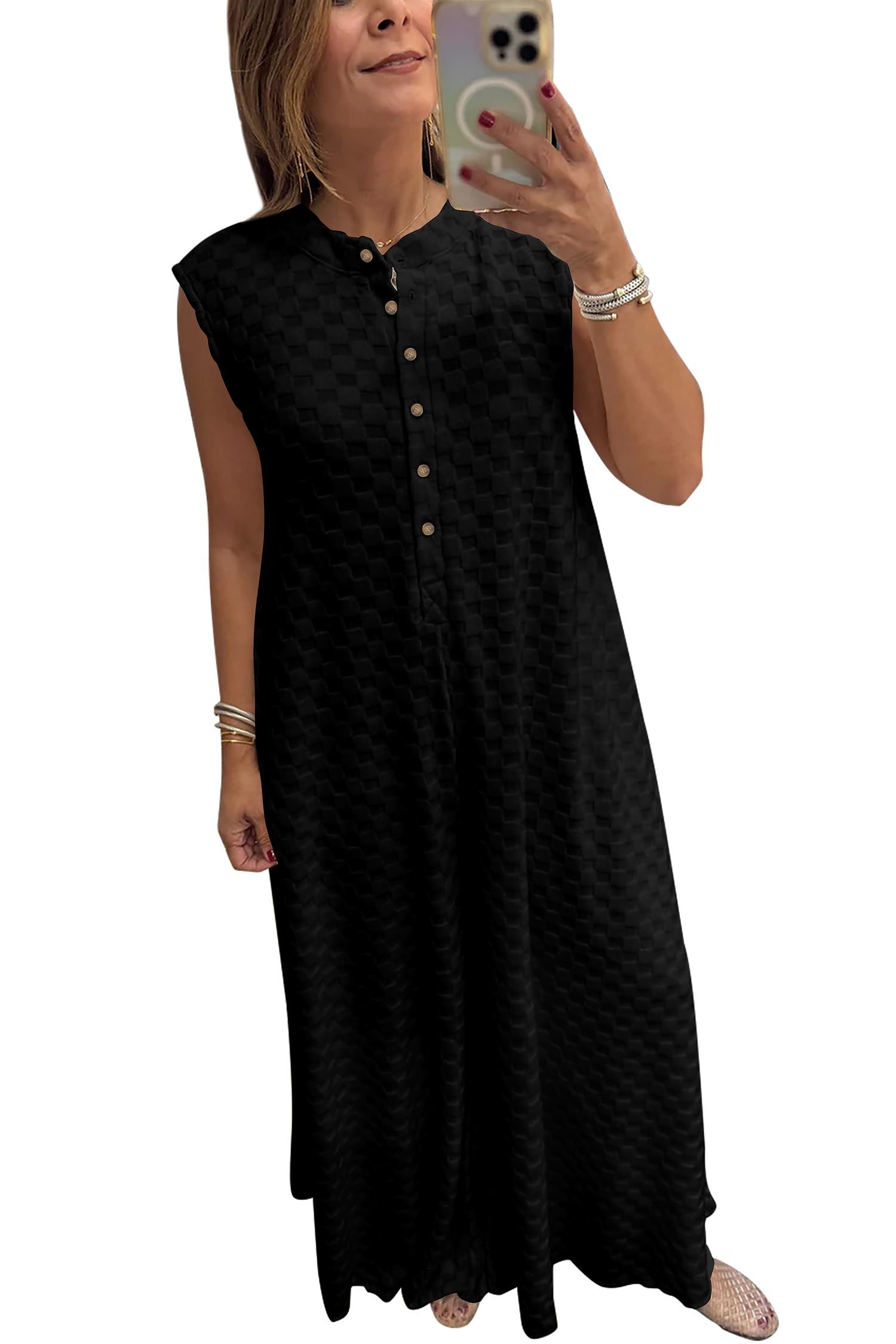 Black Half Buttons Sleeveless Wide Leg Textured Jumpsuit