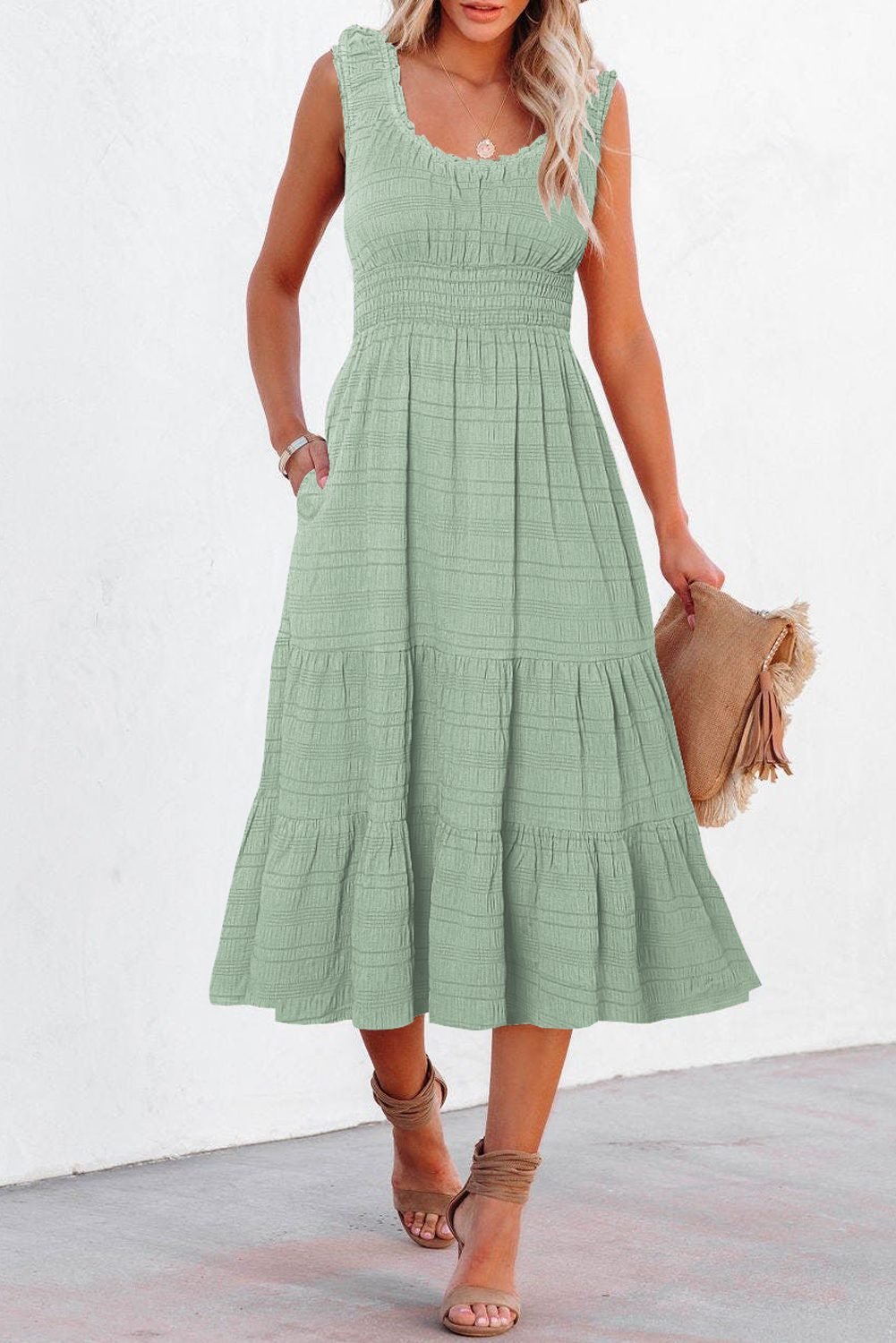 Green Shirred Pleated Square Neck Sleeveless Midi Dress
