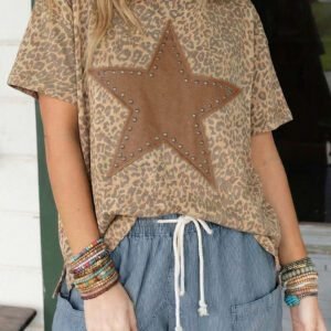 Khaki Leopard Retro Studded Star Patch Loose Tee