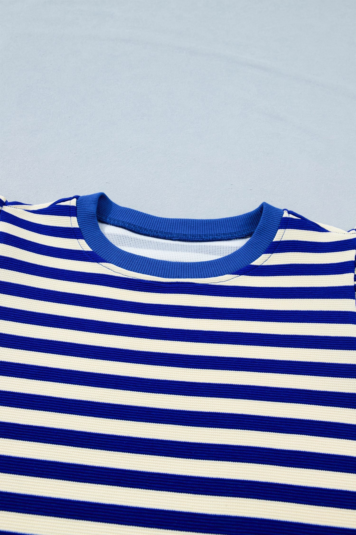 Blue Stripe Contrast Trim Cap Sleeve Top Casual Shorts 2pcs Set