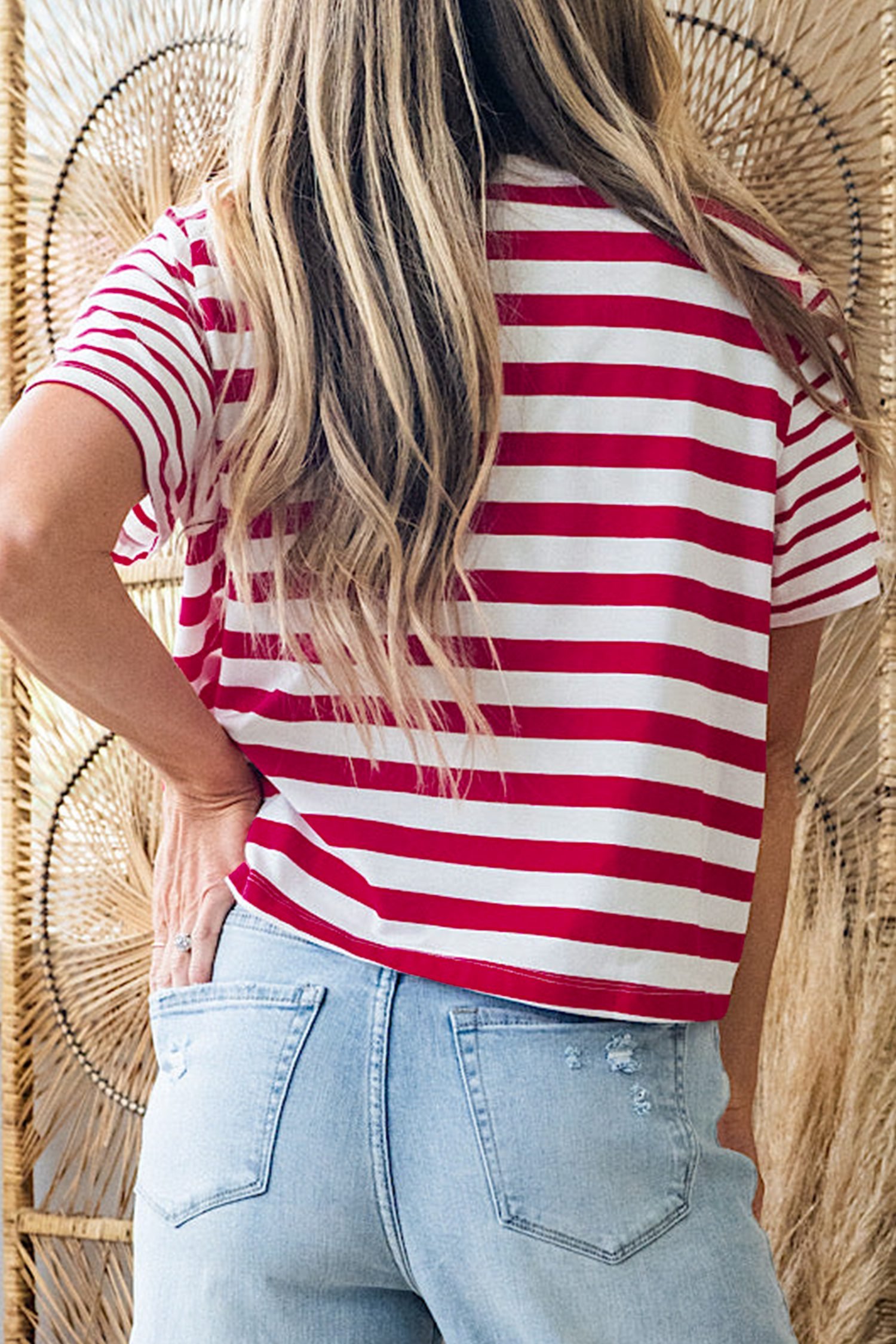 Red Stripe Patchwork Round Neck T Shirt