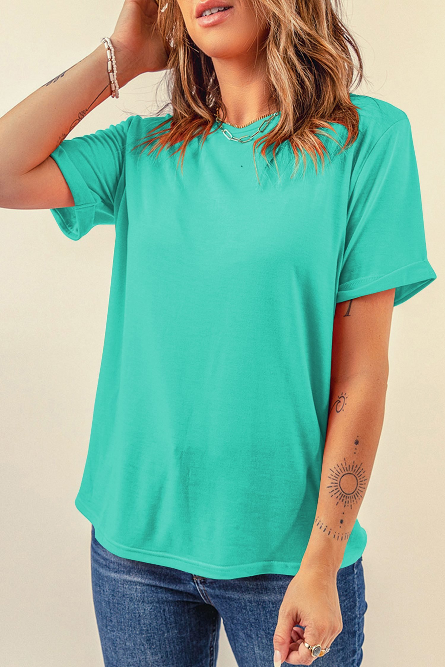 Mint Green Casual Plain Crew Neck Tee