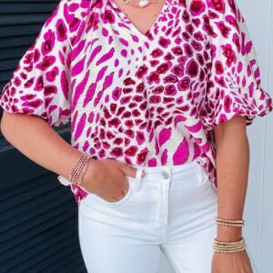 Rose Leopard Print V Neck Puffy Half Sleeve Blouse