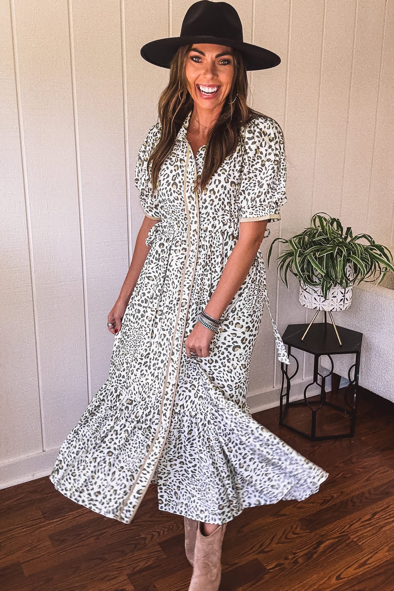 White Leopard Contrast Trim Button Front Short Puff Sleeve Long Dress