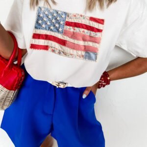 White Faux Patchwork Printed US Flag Casual Tee