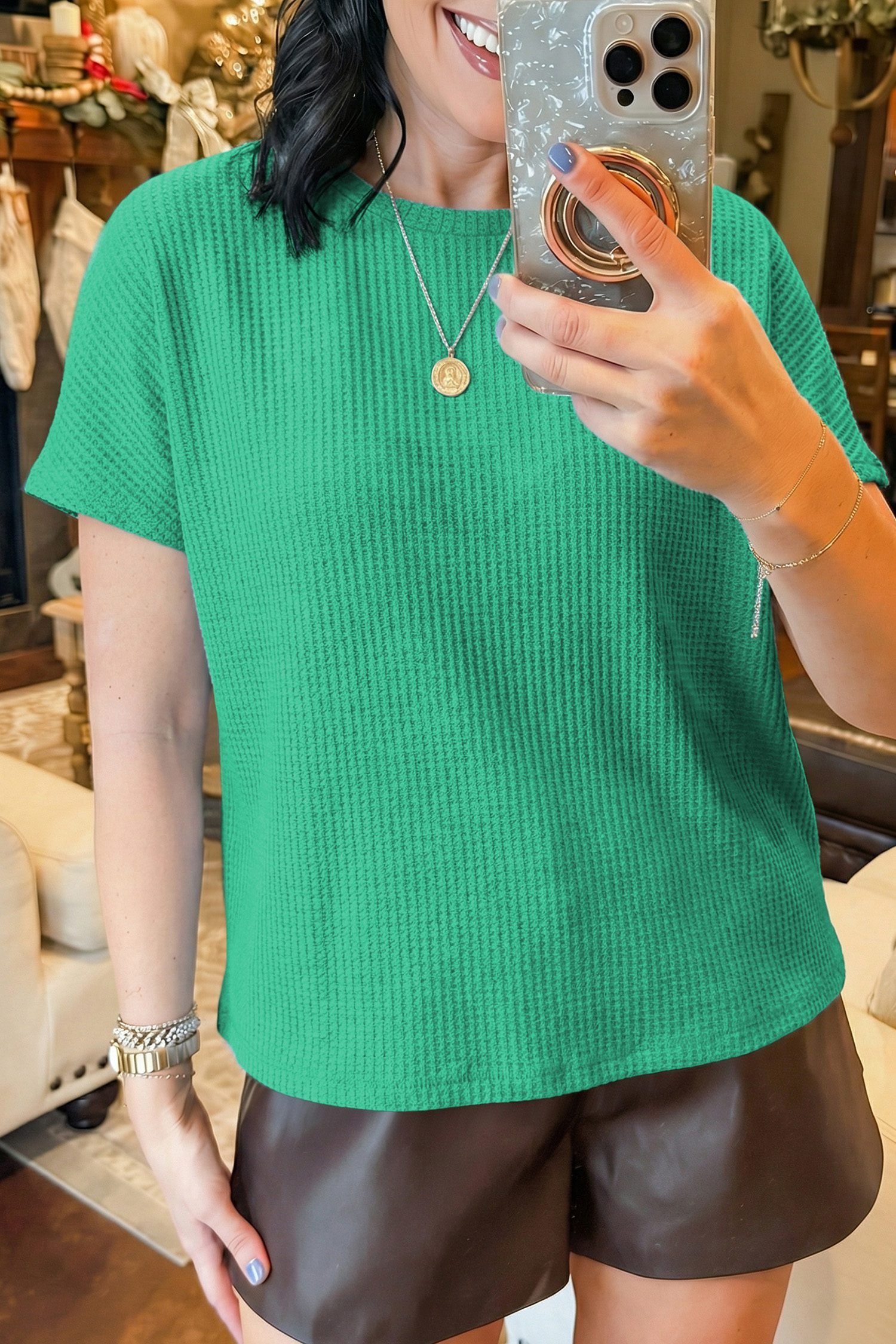 Sea Green Waffle Textured Knit Dolman Short Sleeve Loose Top