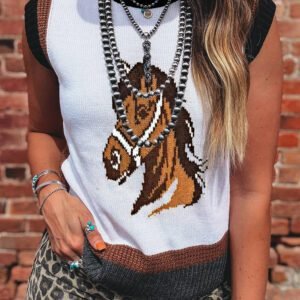 White Western Horse Head Colorblock Trim Sweater Vest