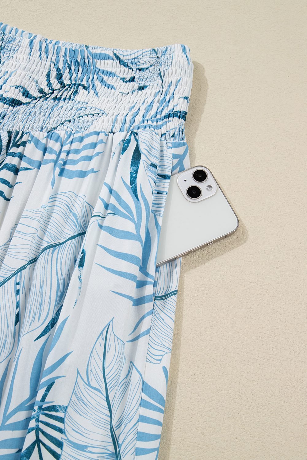 Sky Blue Geometric/ Floral/ Botanic Print Shirred Waistband Wide Leg Pants