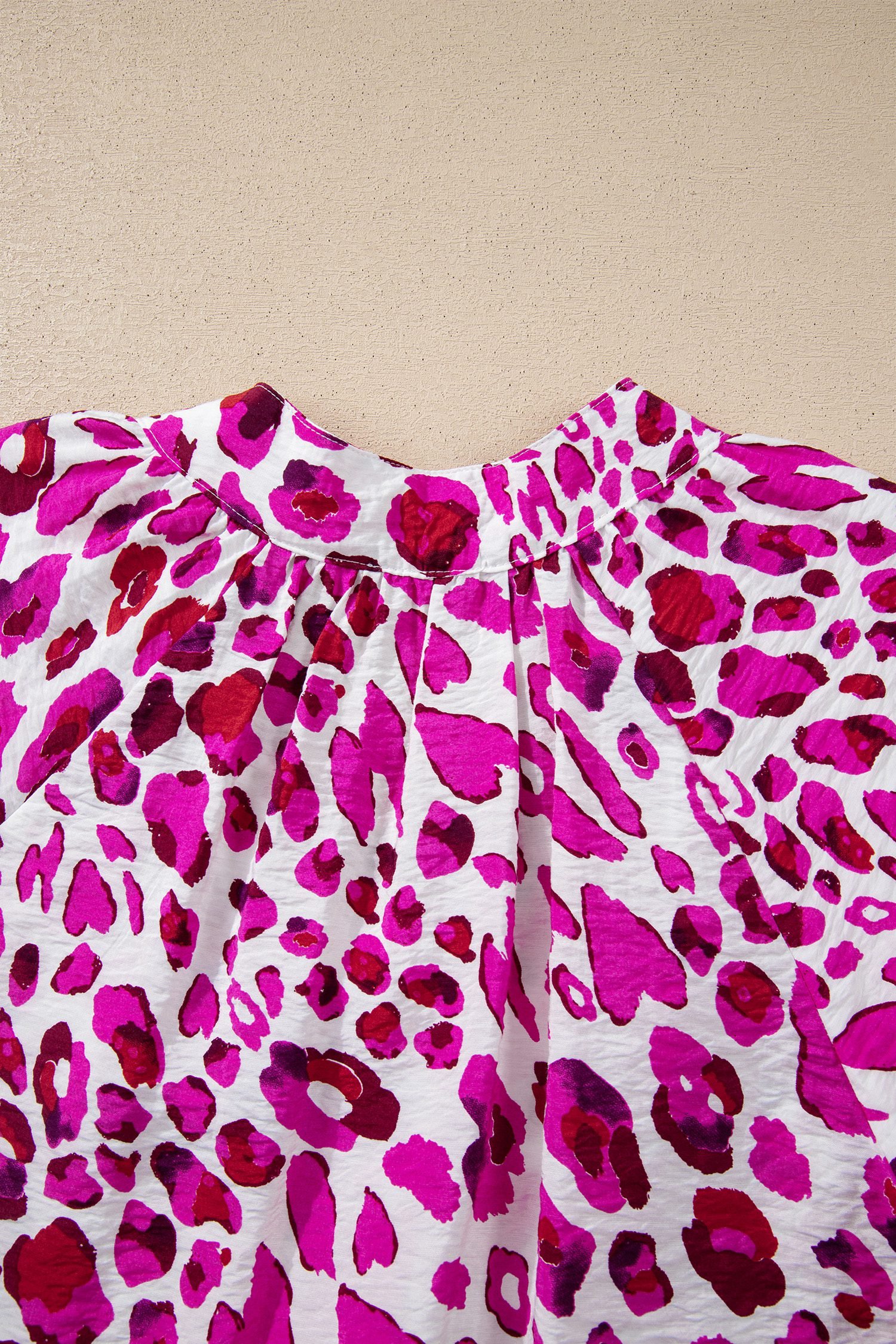 Rose Leopard Print V Neck Puffy Half Sleeve Blouse