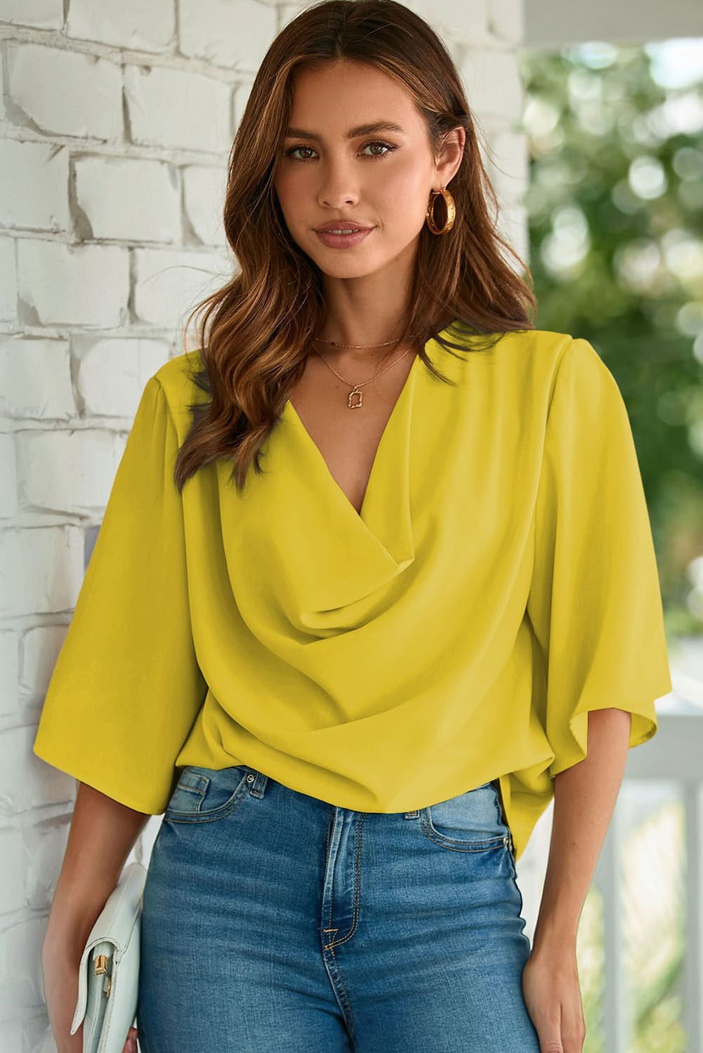 Golden Glow Women's Casual Summer Sleeve Wrap V Neck Draped Blouses