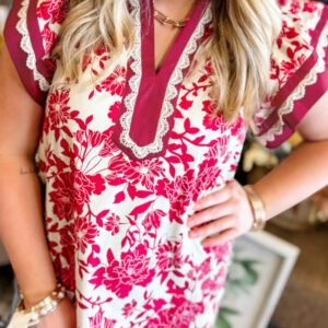 Red Floral Print Color Block Trim Lace Detail V Neck Flutter Sleeve Blouse