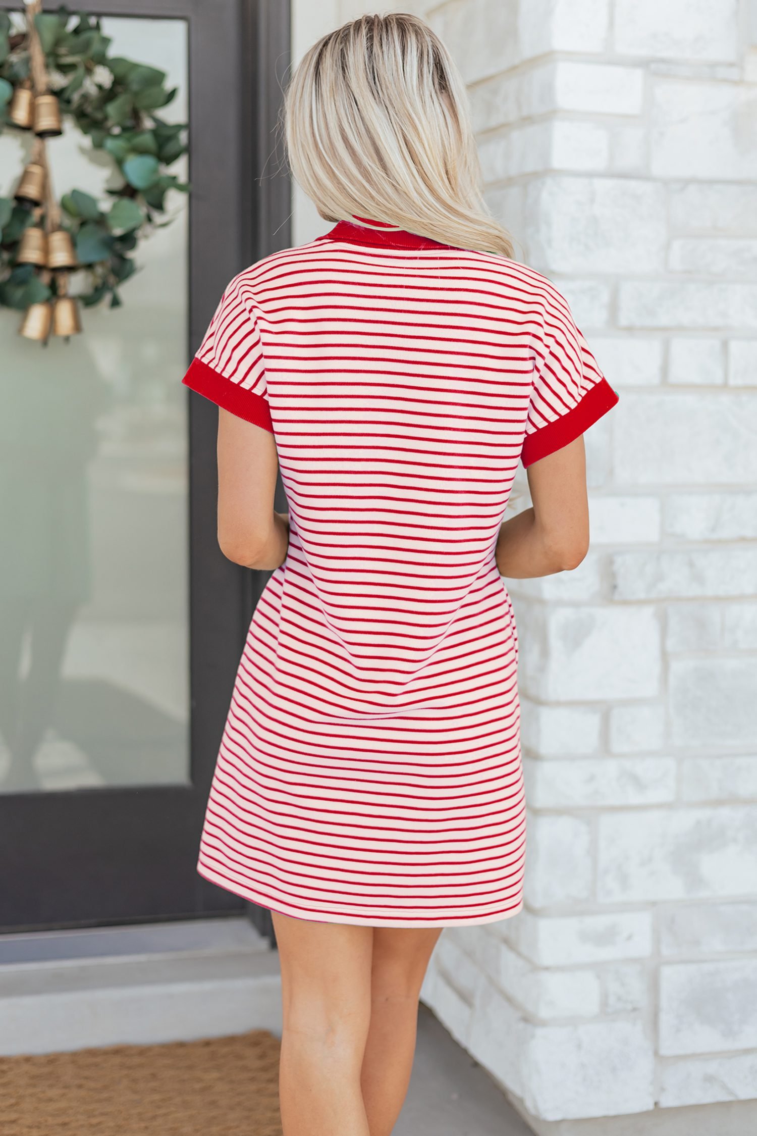 Red Stripe Quarter Zip Polo Collar T Shirt Dress with Pockets