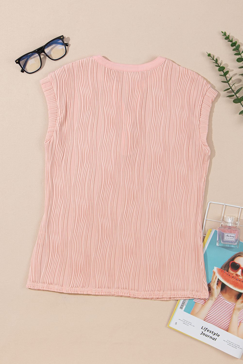 Pink Wavy Textured Button V Neck Tee