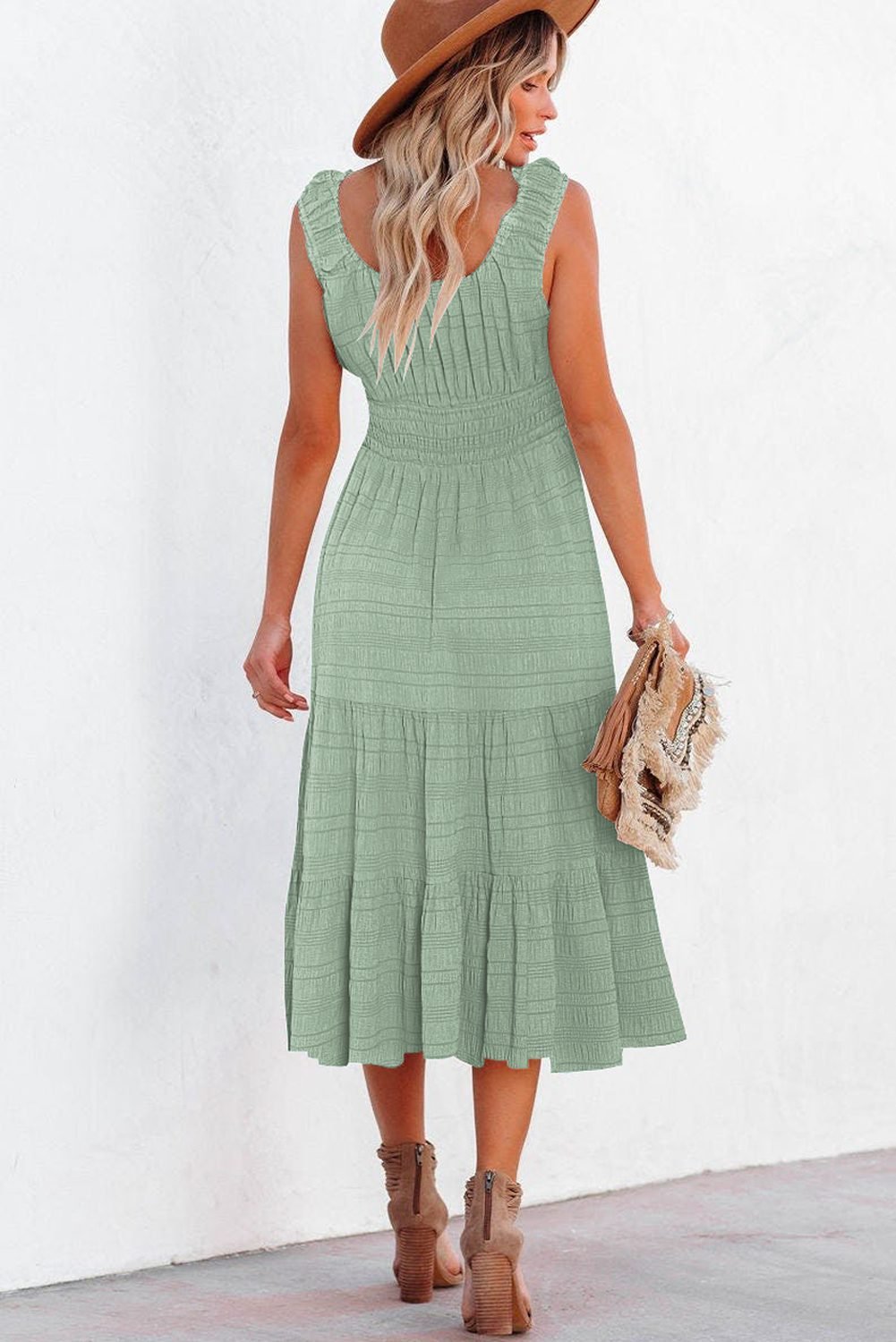 Green Shirred Pleated Square Neck Sleeveless Midi Dress