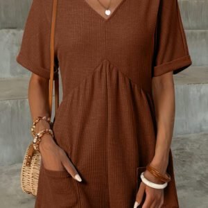 Coffee Solid Color Knit V Neck Zipped Loose Romper