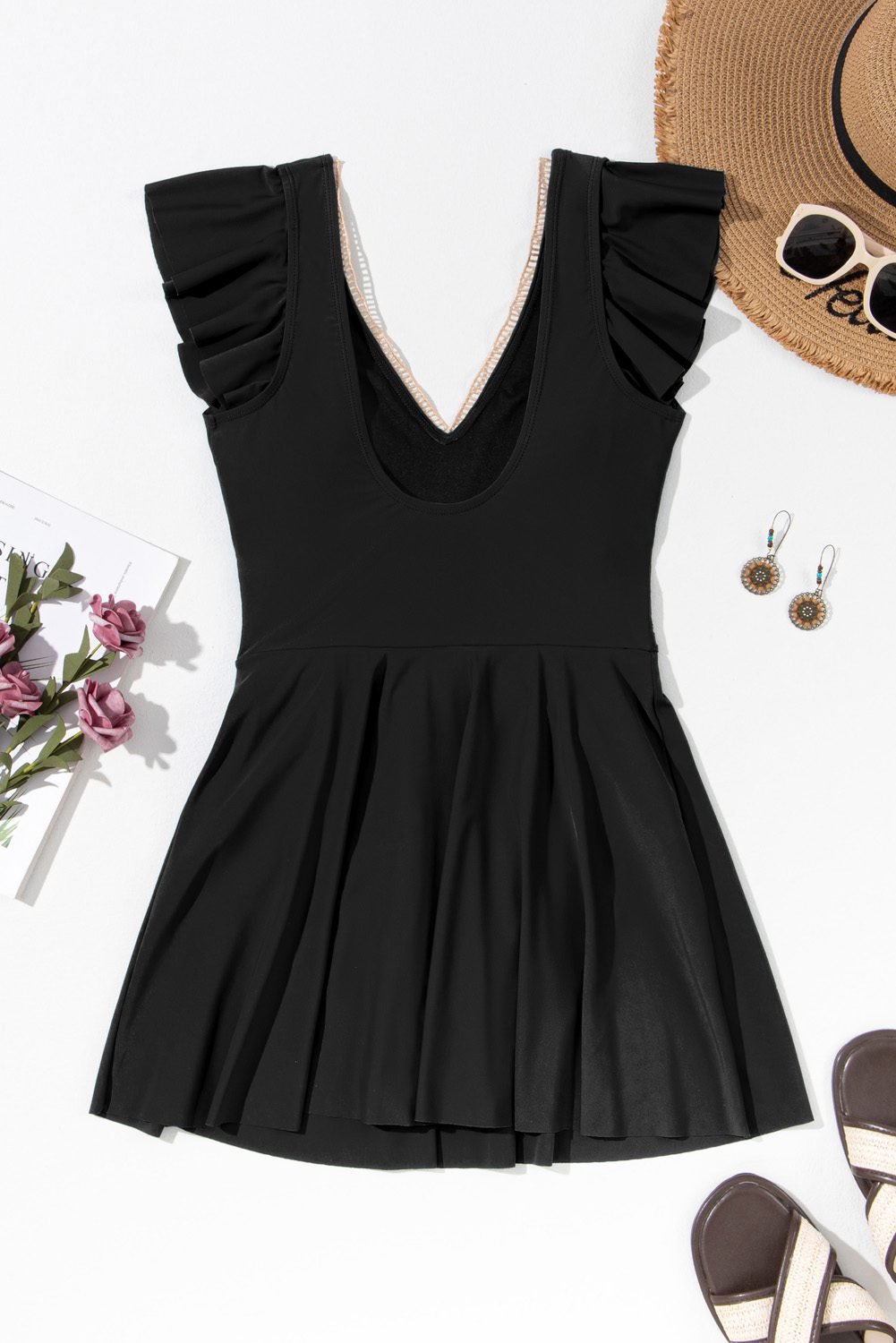 Black Ruffled Short Sleeve Lace Trim V Neck One Piece Swim Dress