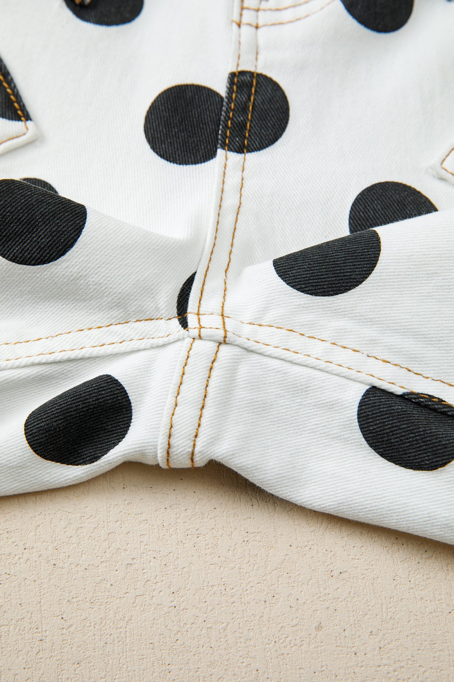 White Polka Dot Print Bow Detail Pocketed Jeans