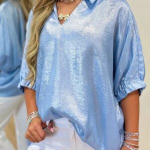 Myosotis Collared V Neck Half Sleeve Metallic Top