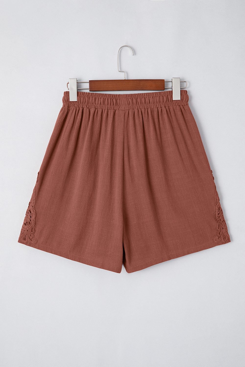 Chestnut Lace Splicing Drawstring Elastic Waist Loose Linen Shorts