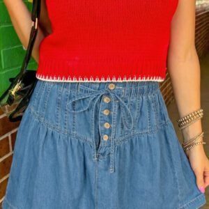 Sky Blue Half Buttons Pleated High Waist Denim Mini Skirt with Drawstring