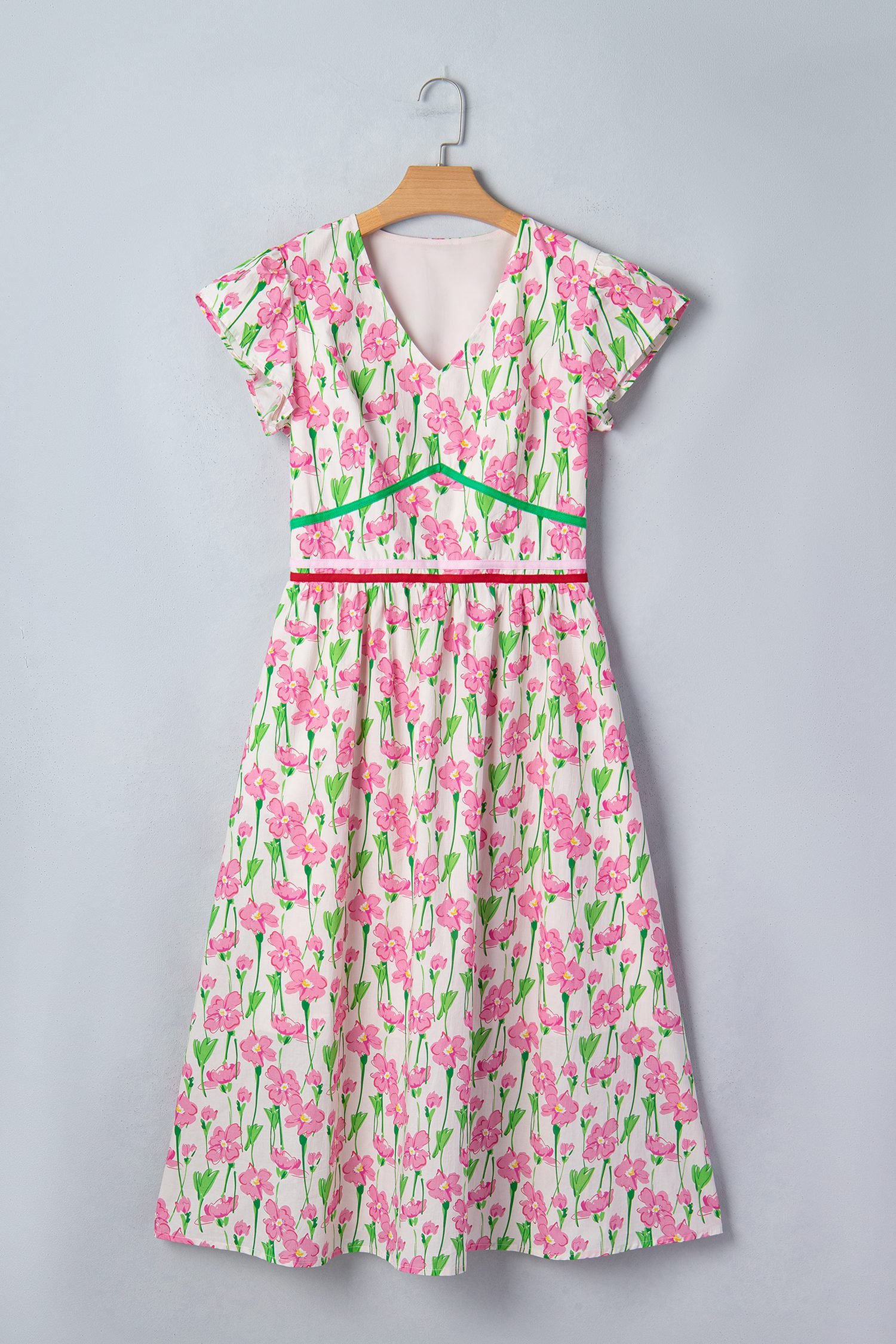 Pink Floral Print Contrast Trim V Neck Short Sleeve Elegant Midi Dress