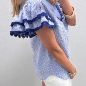 Beau Blue Eyelet Embroidered Flower Texture Contrast Lace Trim Flutter Sleeve Blouse