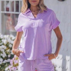 Purple Stripe Dolman Sleeve Polo Shirt and Drawstring Shorts Set