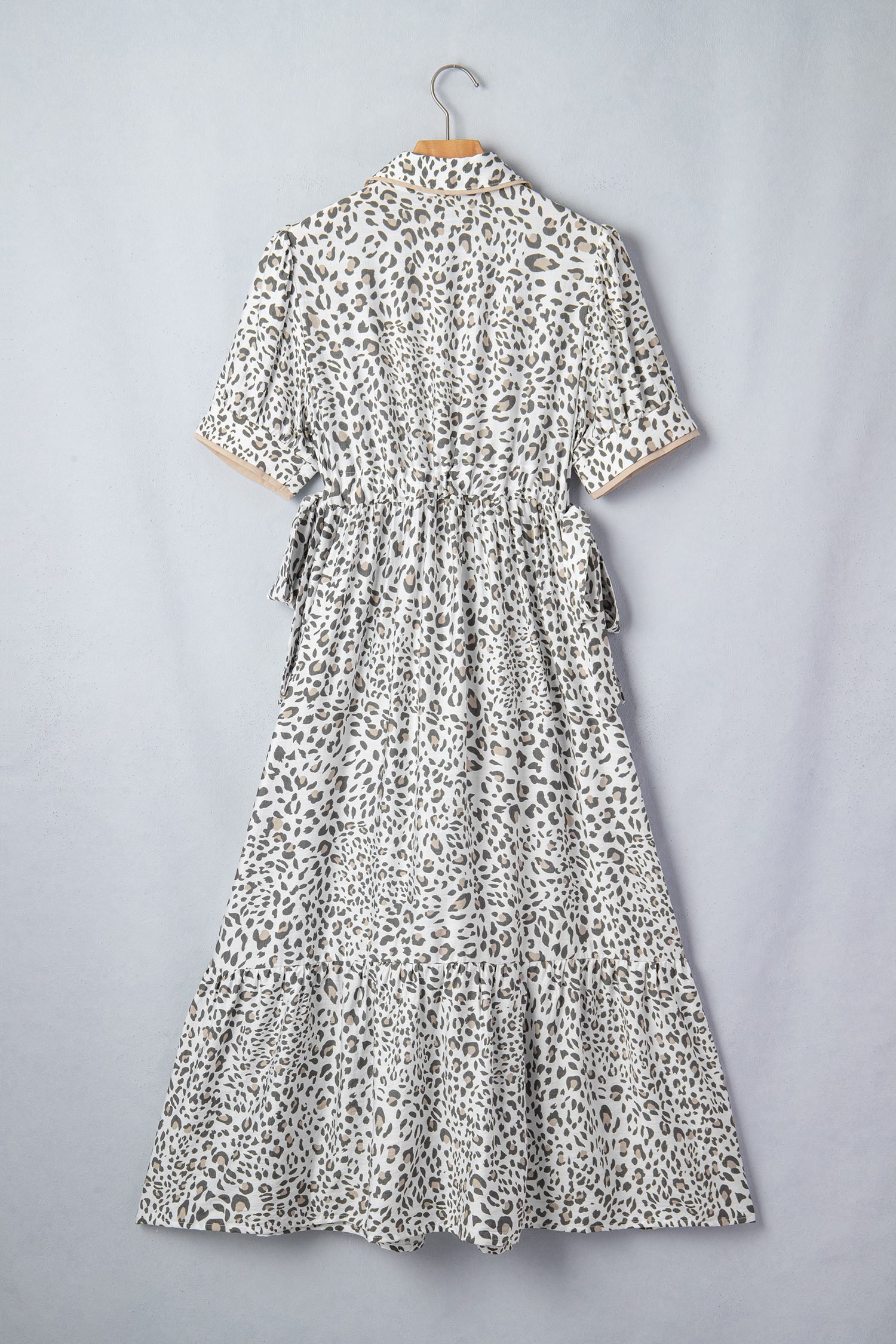 White Leopard Contrast Trim Button Front Short Puff Sleeve Long Dress