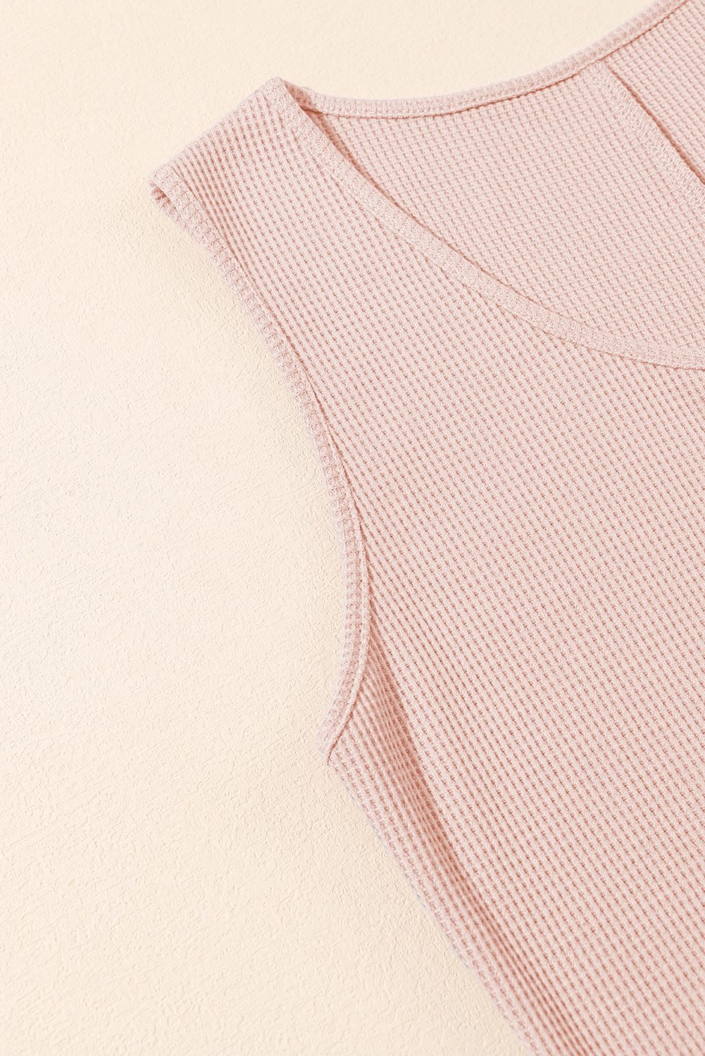 Light Pink Waffle Sleeveless U Neck Buttons Romper With Pockets