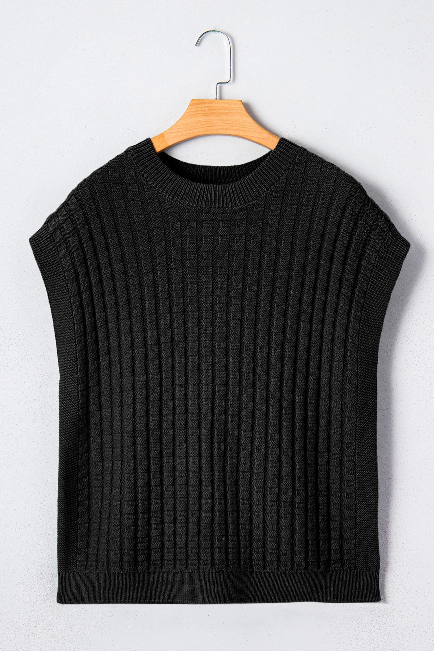 Black Solid Color Round Neck Textured Short Sleeve Sweater