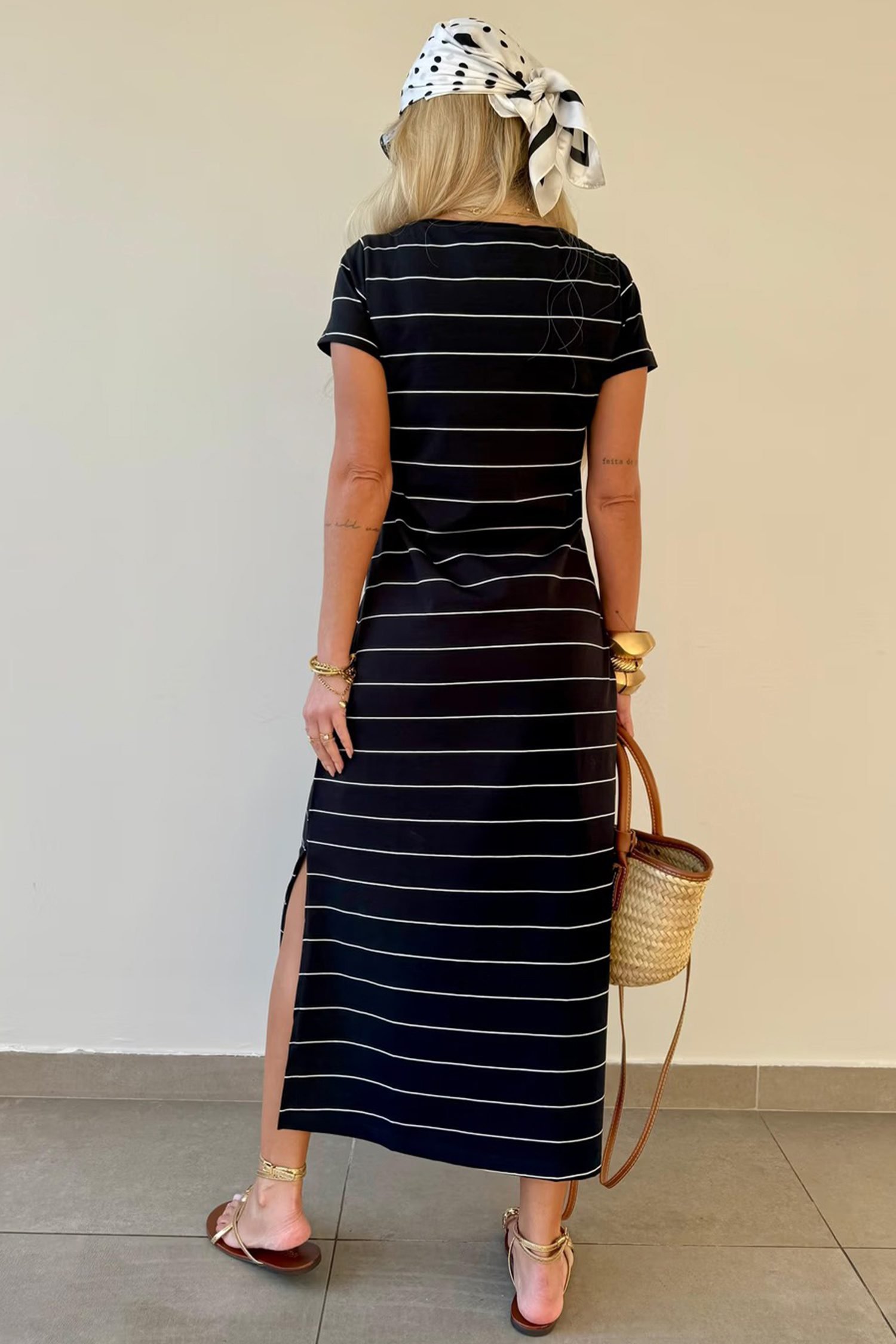 Black Stripe Casual Short Sleeve Side Slit Maxi T Shirt Dress