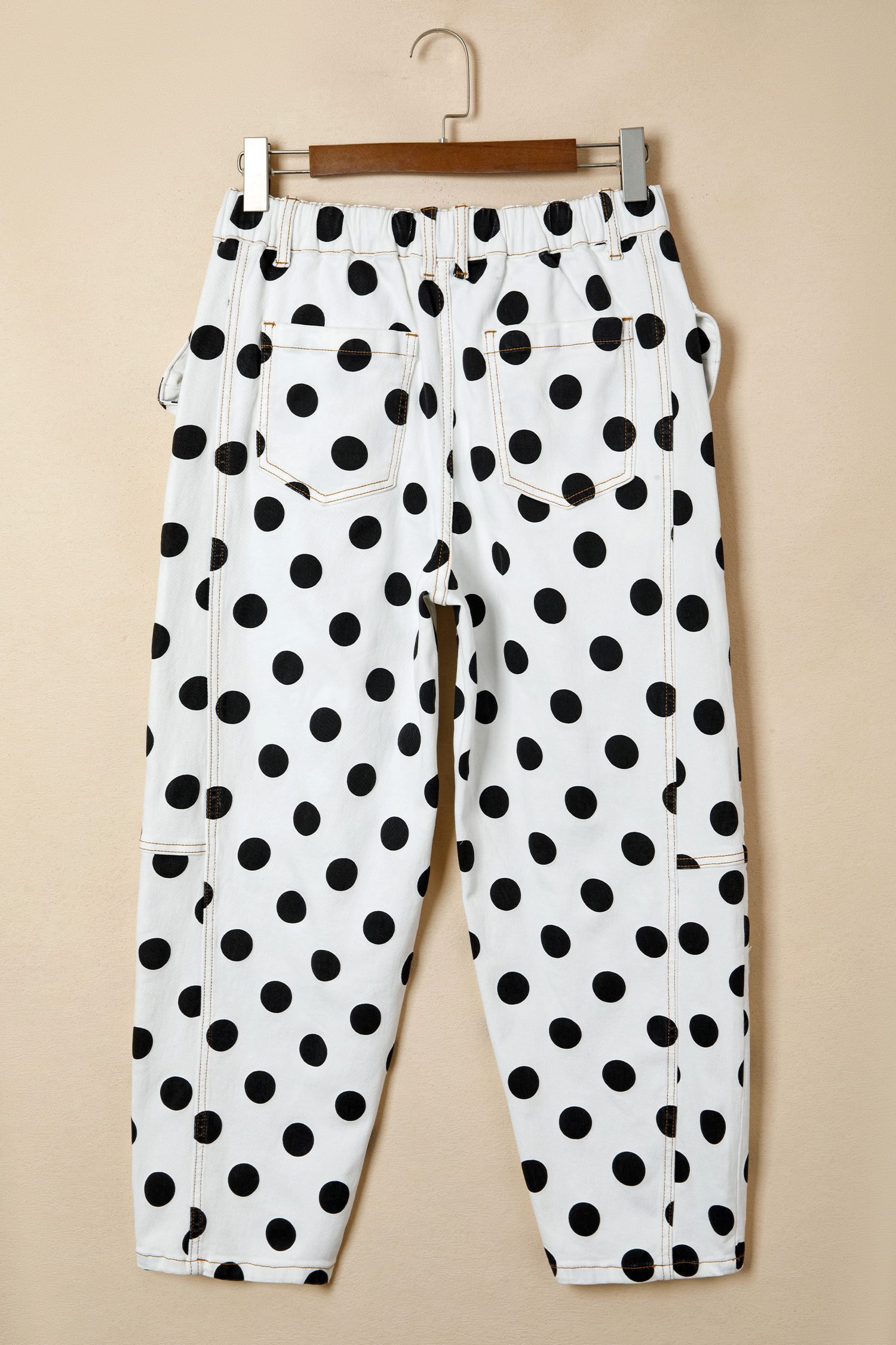 White Polka Dot Print Bow Detail Pocketed Jeans