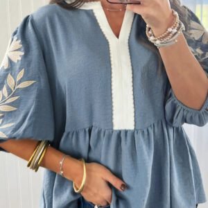 Myosotis Color Block Patchwork V Neck Embroidered Puff Sleeve Babydoll Blouse