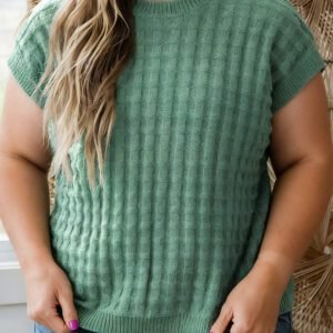 Mist Green Plus Size Solid Color Textured Knit Short Sleeve Sweater