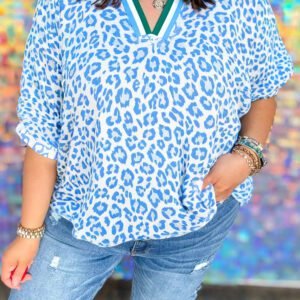 Sky Blue Striped V Neckline Half Sleeve Plus Size Leopard Blouse