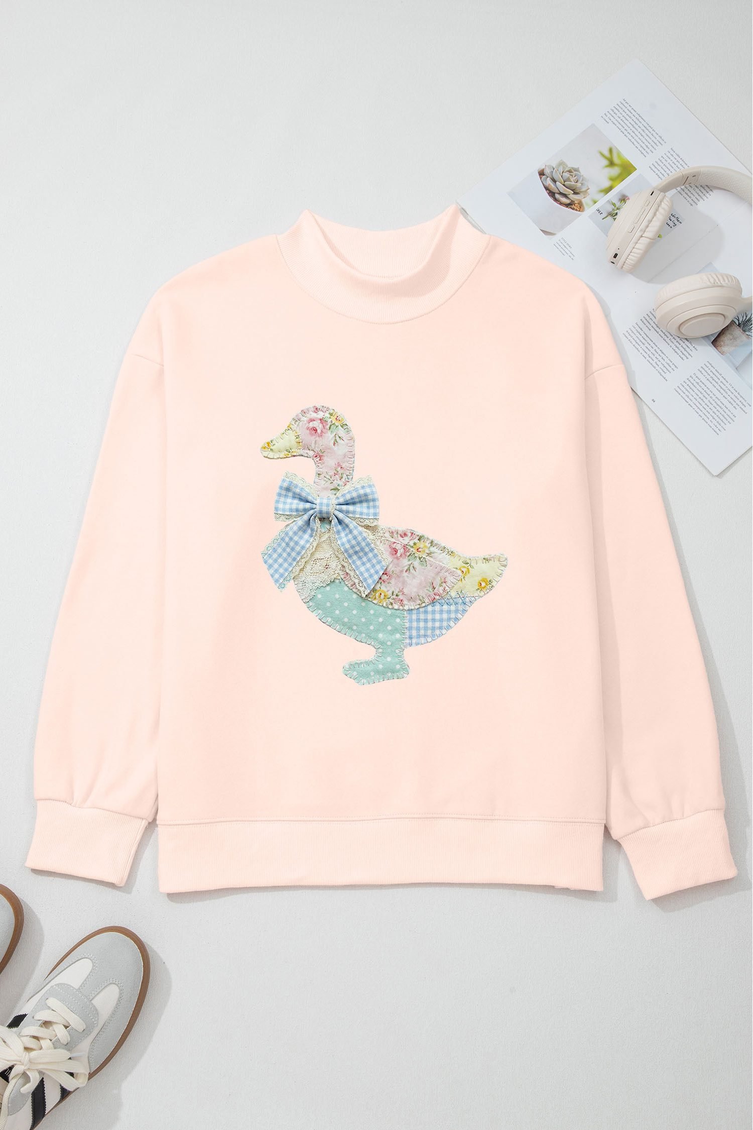 Apricot Pink Bow Knot Duck Faux Patchwork Printed Mock Neck Sweatshirt