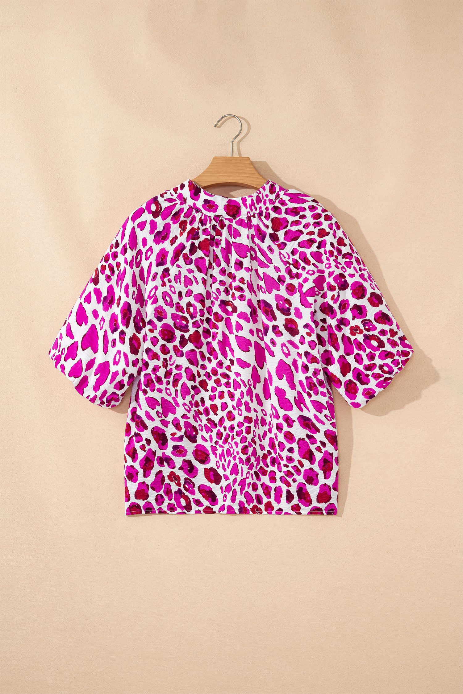 Rose Leopard Print V Neck Puffy Half Sleeve Blouse