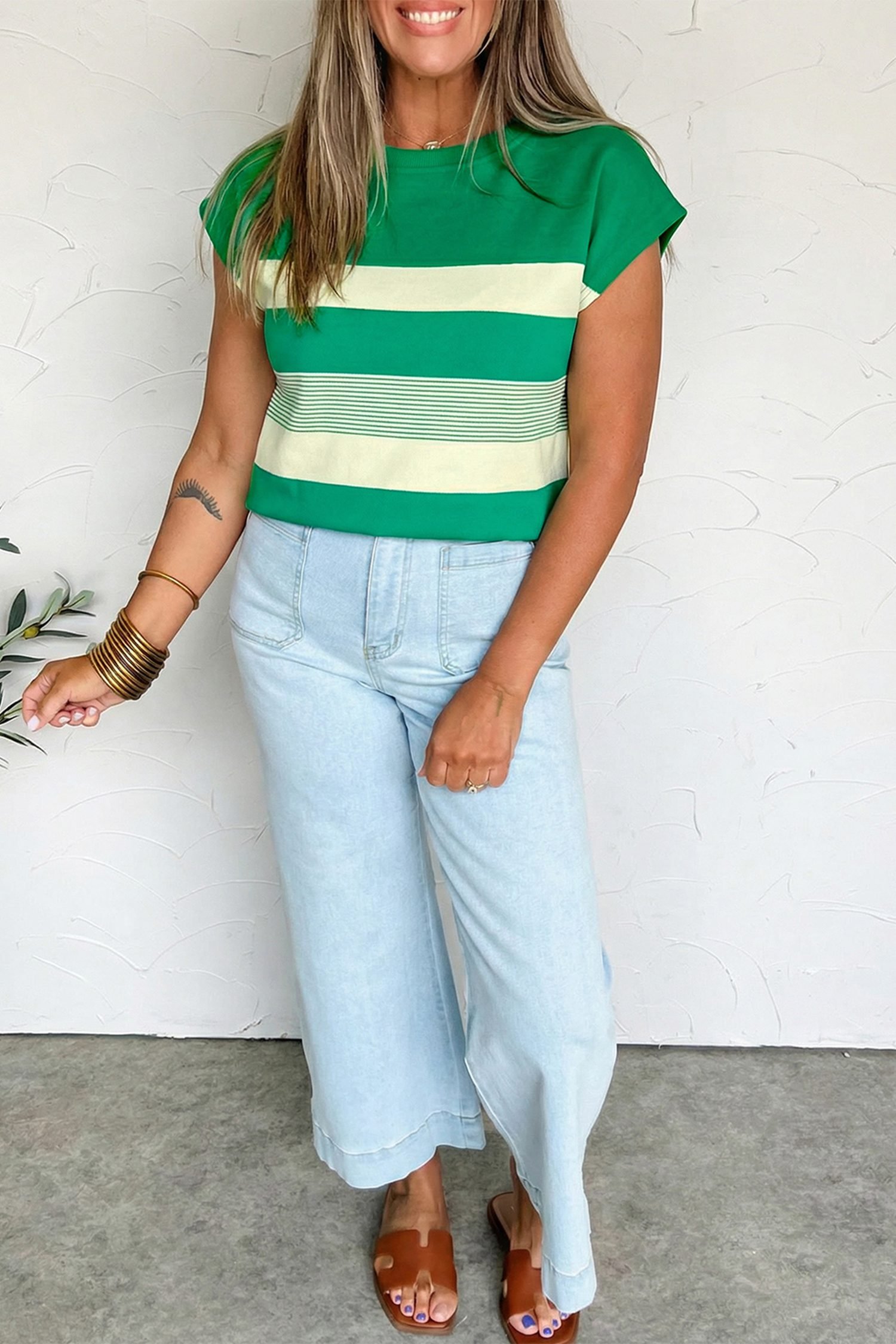 Green Stripe Mixed Print Crew Neck Cap Sleeve T Shirt