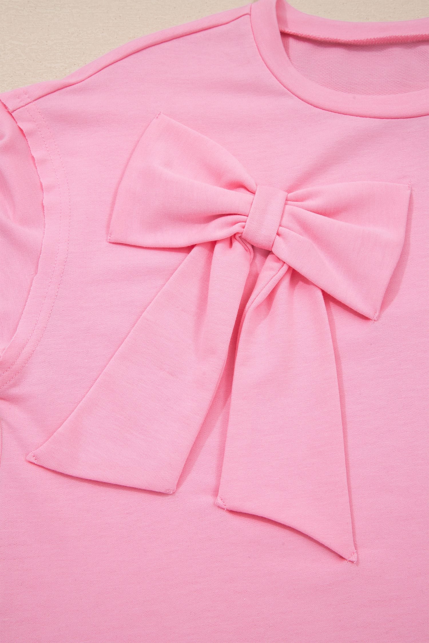 Pink Solid Color Raw Edge Bow Patch Loose T Shirt