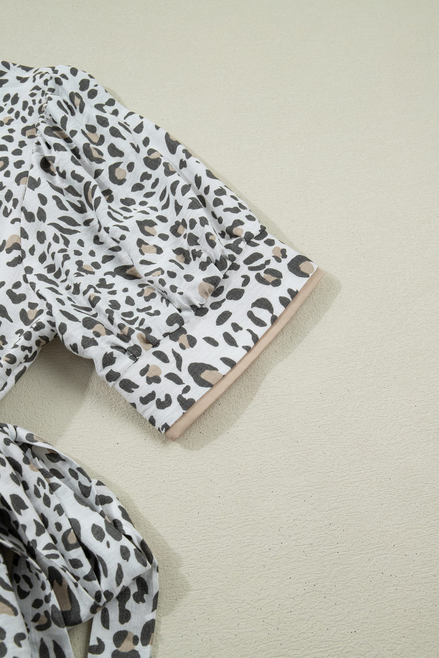 White Leopard Contrast Trim Button Front Short Puff Sleeve Long Dress