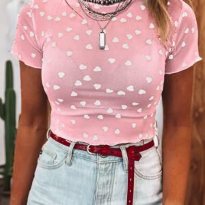Pink Allover Heart Print Mesh Short Sleeve Top