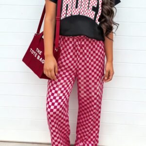 Black V Neck HONEY Tee Contrasted Checkered Pant Set