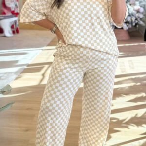 Khaki Plus Size Checkered Print Half Sleeve Tee Loose Pants Two-piece Lounge Set