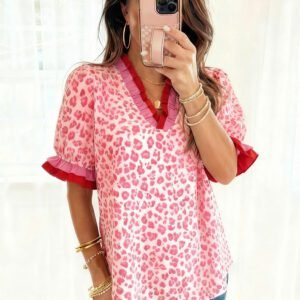 Pink Stripe Ruffled Trim V Neck Leopard Print Short Sleeve Blouse