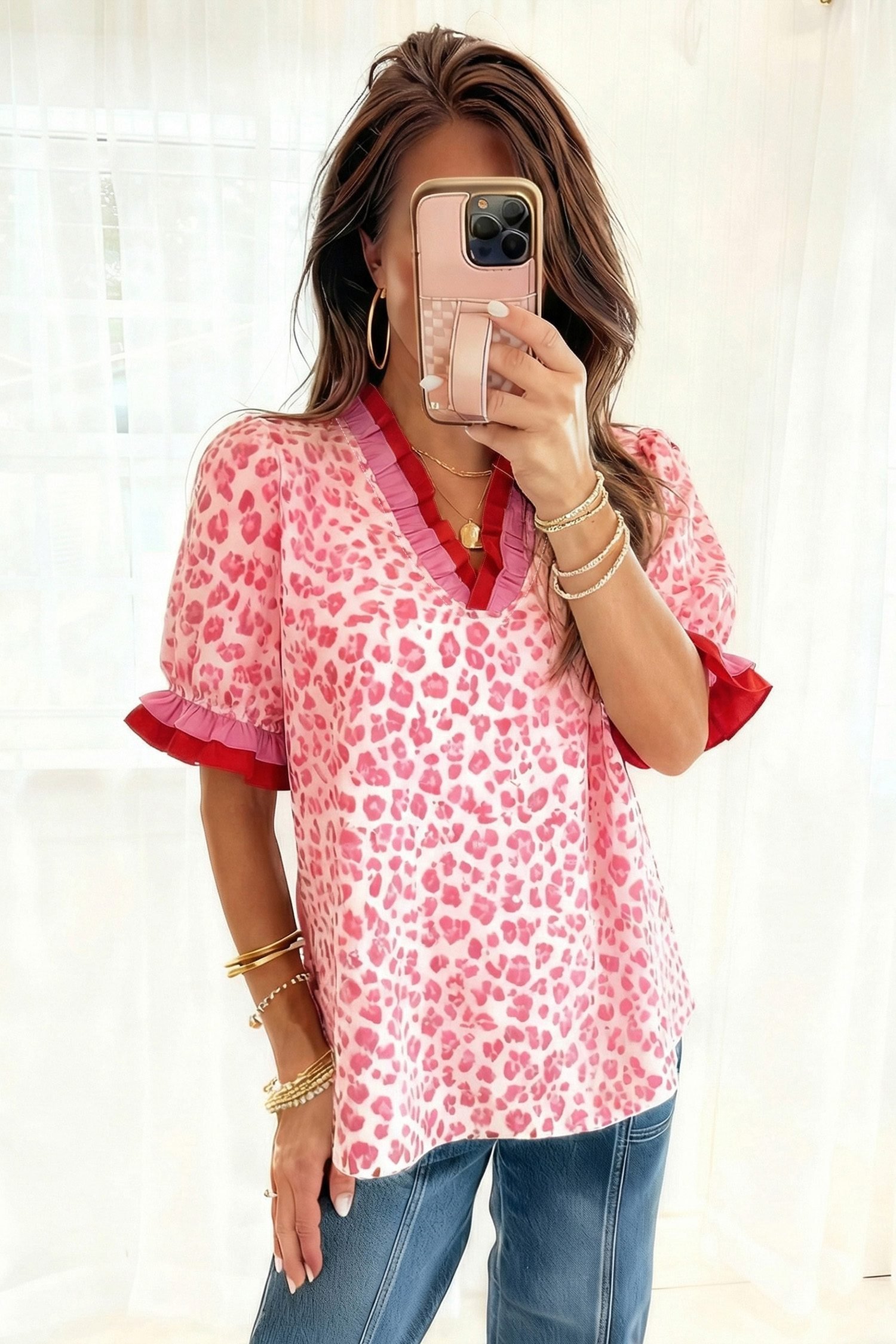 Pink Stripe Ruffled Trim V Neck Leopard Print Short Sleeve Blouse