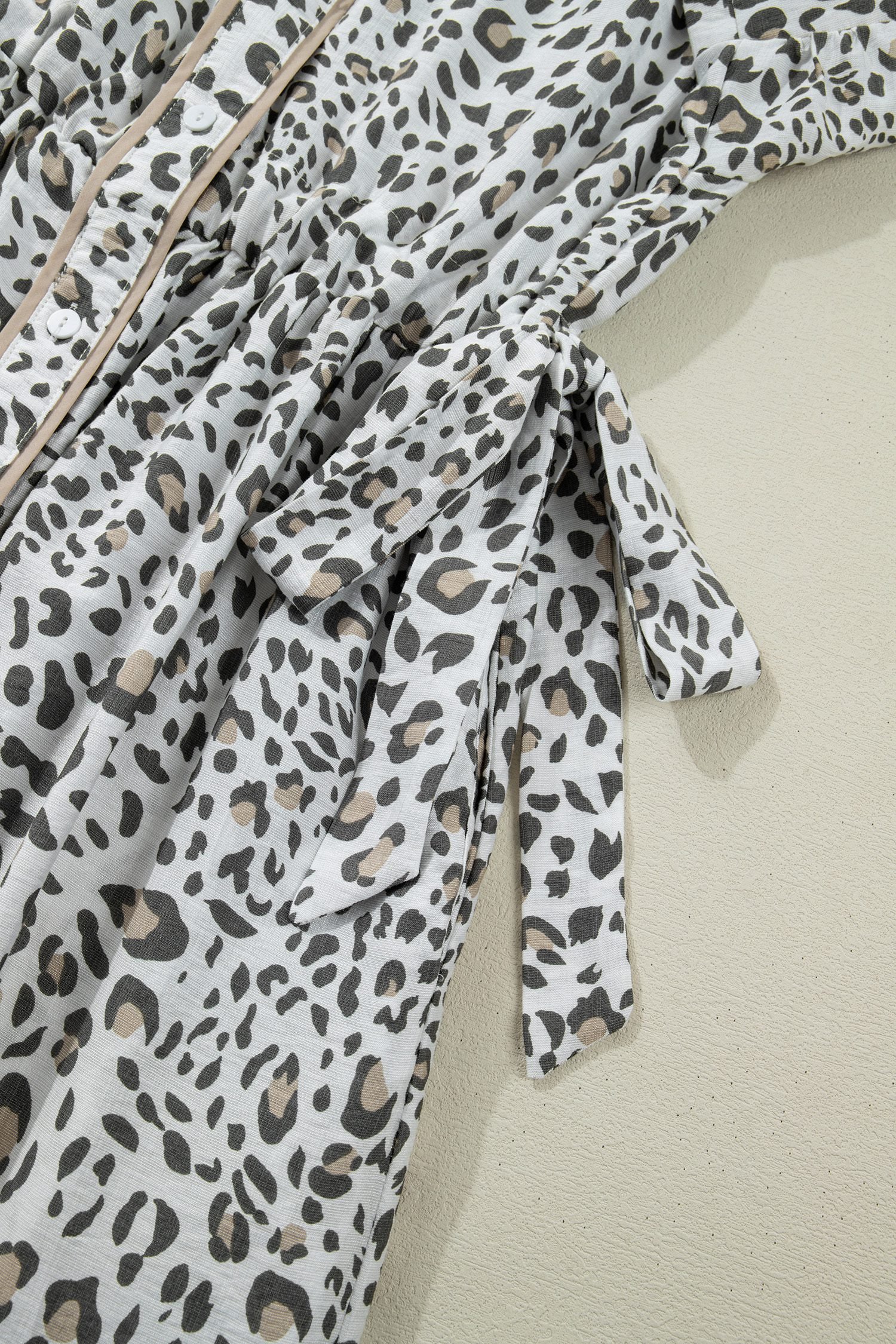 White Leopard Contrast Trim Button Front Short Puff Sleeve Long Dress