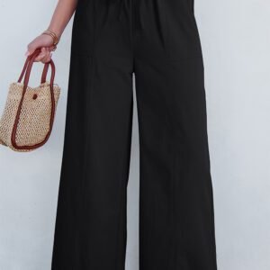 Black Solid Color Drawstring Elastic Waist Casual Loose Pants