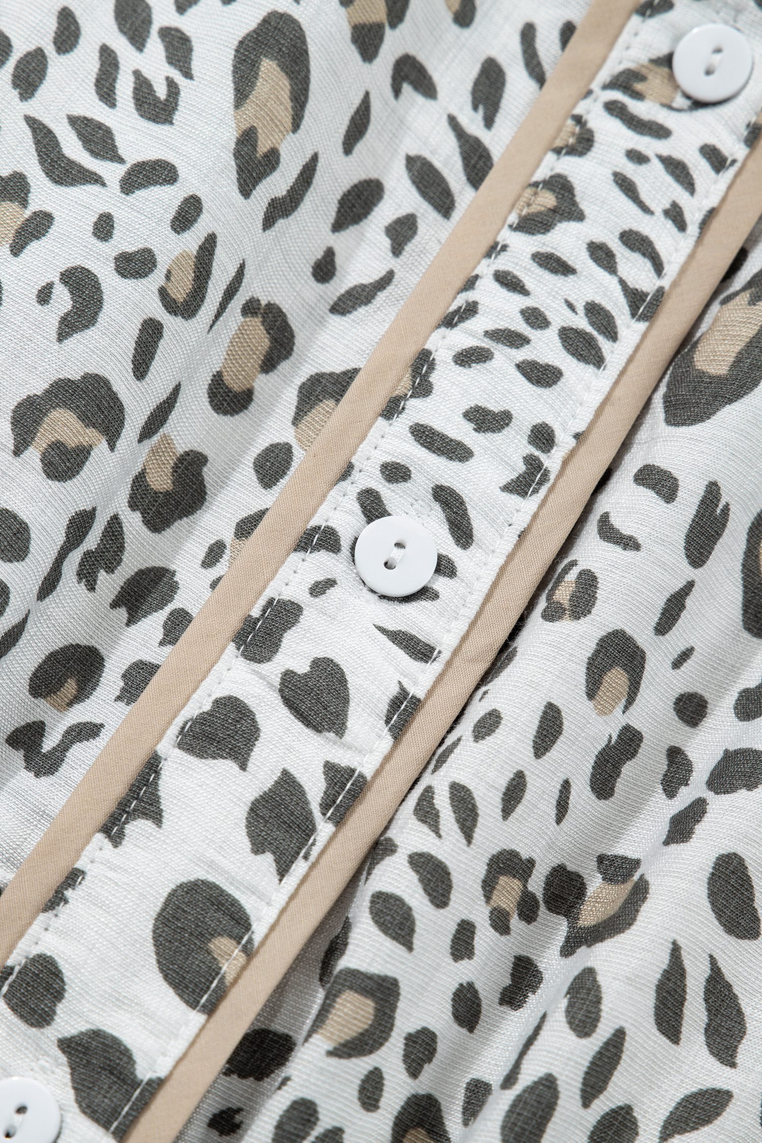White Leopard Contrast Trim Button Front Short Puff Sleeve Long Dress