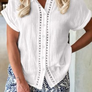 White Lace Trim Cuffed Short Sleeve Textured Shirt