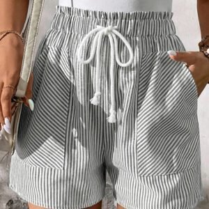 Gray Stripe Lace-up Elastic Waist Casual Pocketed Shorts